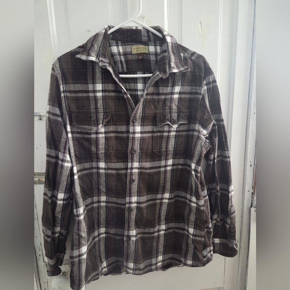 Sonoma Mens Brown Plaid Button Down Flannel Shirt In Size Large
